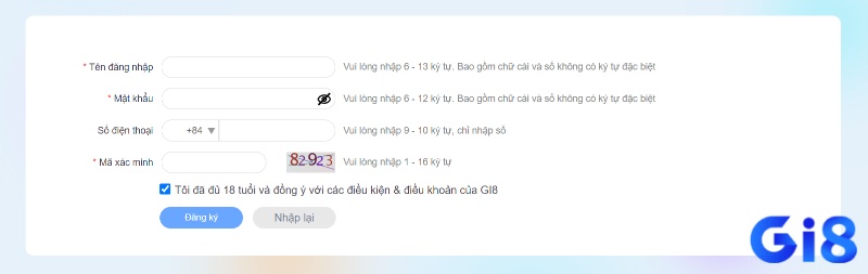 Giao diện đăng ký tại nhà cái Gi8