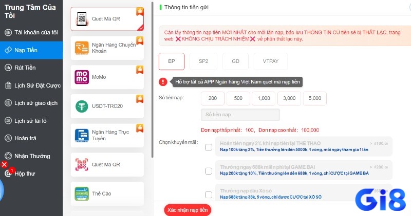 Giao diện nạp tiền tại Gi8